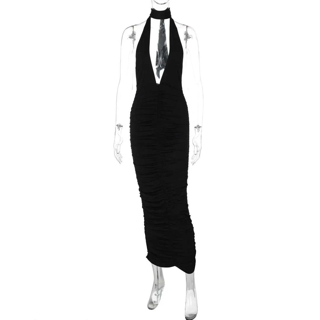 Maxi Dress with Collar, Ruching, Fitted V-Neck, Open Back - Jimena