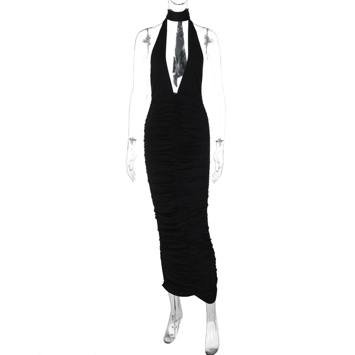Maxi Dress with Collar, Ruching, Fitted V-Neck, Open Back - Jimena