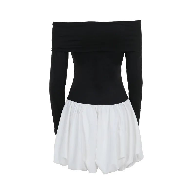 Monochrome balloon mini dress with bare shoulders - Lis