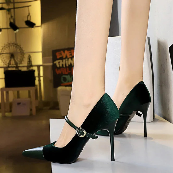 Pointed Heel Shoes with Velvet and Faux Leather Buckle Decoration - Mabel