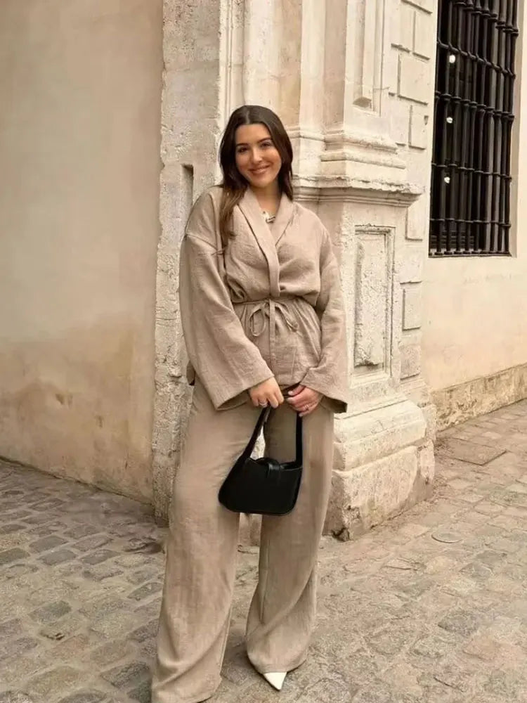 Two-Piece Linen Suit with Tie Shirt and Long Pants - Ava