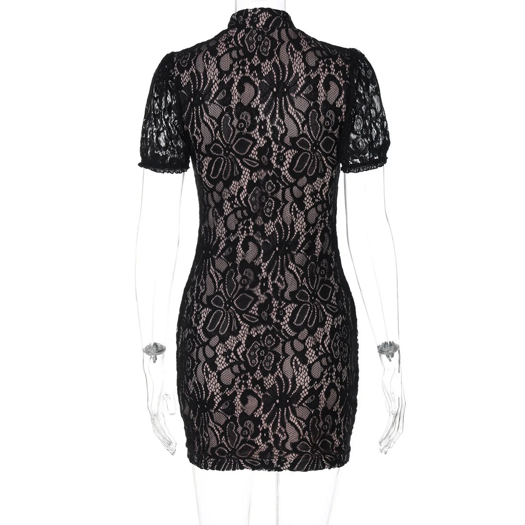 Lace mini dress with turtleneck collar and button decoration - Kimora