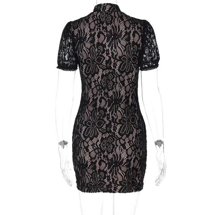 Lace mini dress with turtleneck collar and button decoration - Kimora