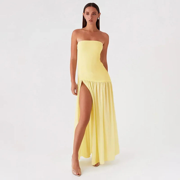 Maxi Strapless Chiffon Dress with Slit Detail - Pia