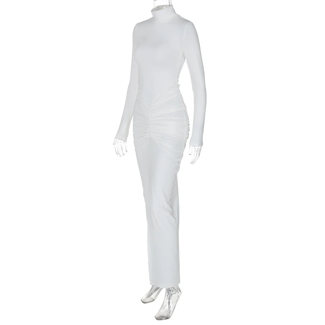 Maxi Dress with Gathered Turtleneck Collar and Slit Embellishment - Brianna