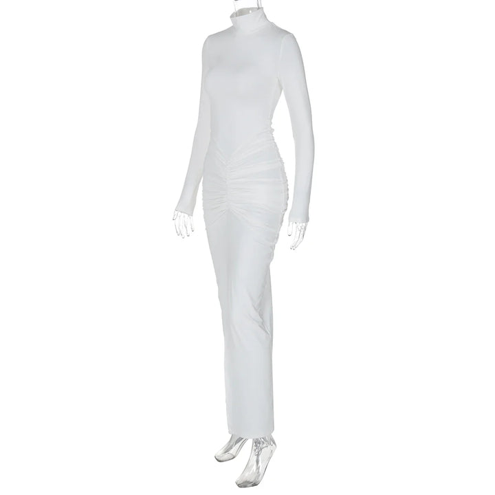 Maxi Dress with Gathered Turtleneck Collar and Slit Embellishment - Brianna