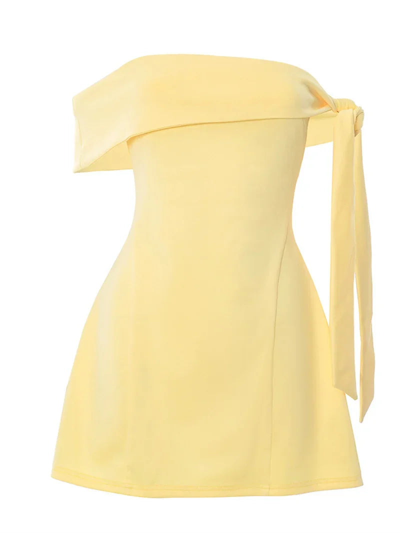 Mini A-line dress with bare shoulders decorated with tie - Sheli