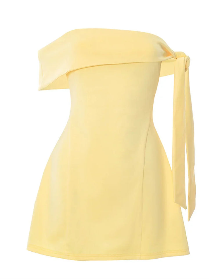 Mini A-line dress with bare shoulders decorated with tie - Sheli