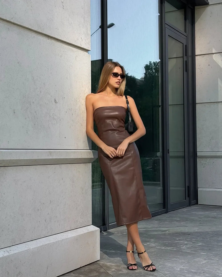 Strapless Faux Leather Midi Dress - ERIKA