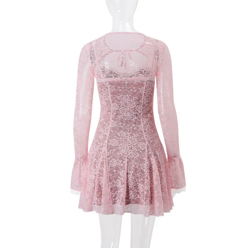 Lace Mini Dress with Overlay Sleeves and Tie Closure - Polina