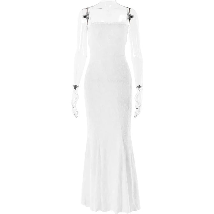 Chiffon Maxi Dress with Leaf Embroidery and Back Tie Design - BLANCA