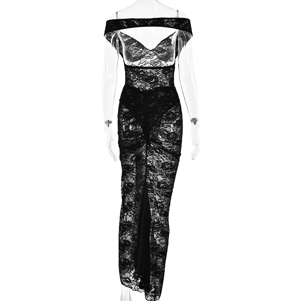 Maxi Lace Dress with Off-Shoulder and Slit Design - Emiliana