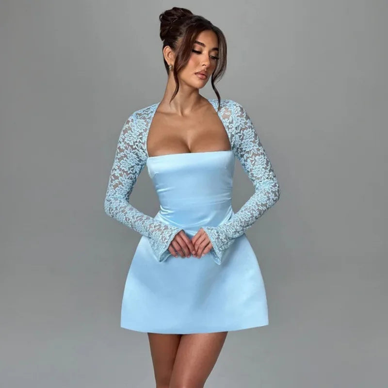 Satin Mini Dress with Lace Sleeves - Far