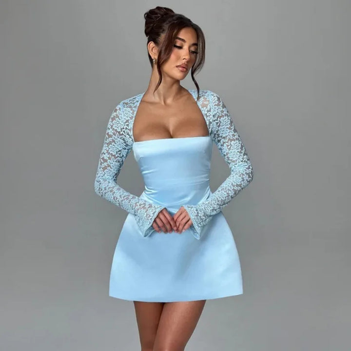 Satin Mini Dress with Lace Sleeves - Far