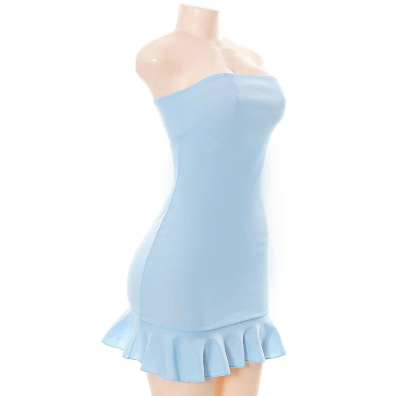 Fitted strapless mini dress decorated with ruffle - Blue