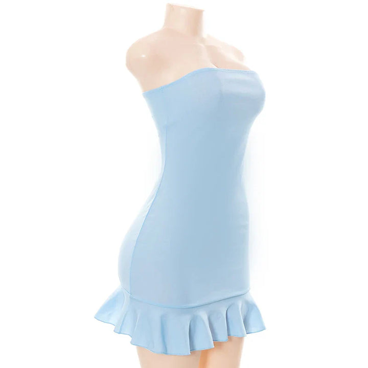 Fitted strapless mini dress decorated with ruffle - Blue