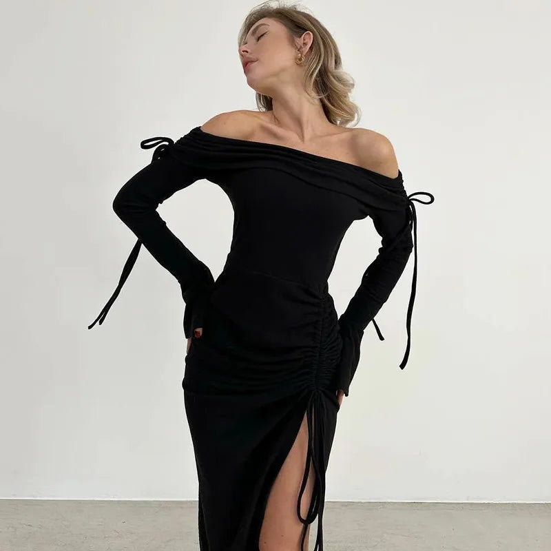 Off-Shoulder Maxi Dress with Slit, Ruching, and Tie Lace Detail - Aisha
