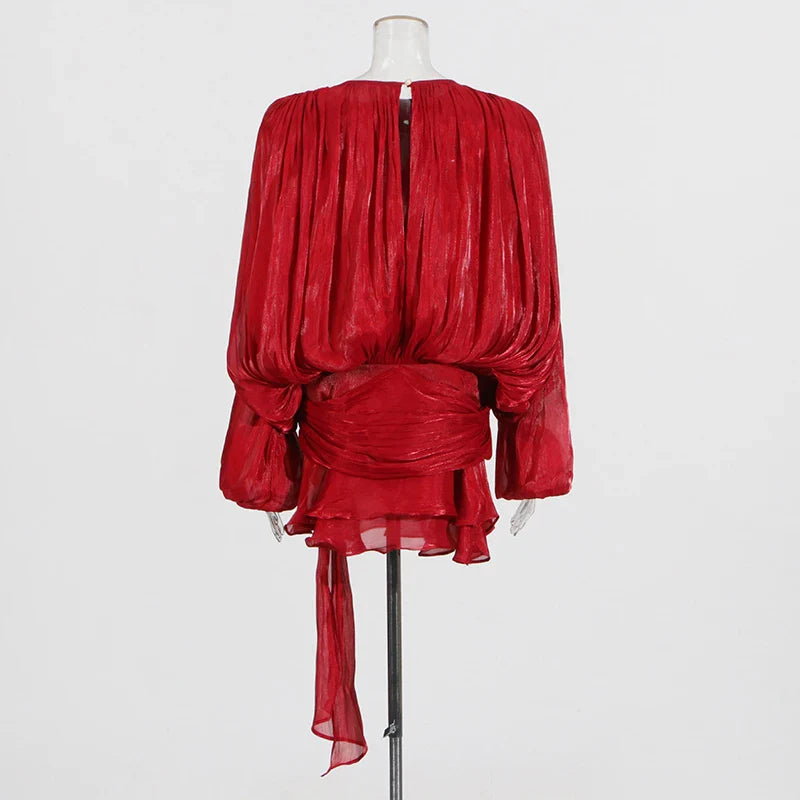 Ruched Mini Dress with Ruffle Detail, Shiny Chiffon Fabric - Lucille
