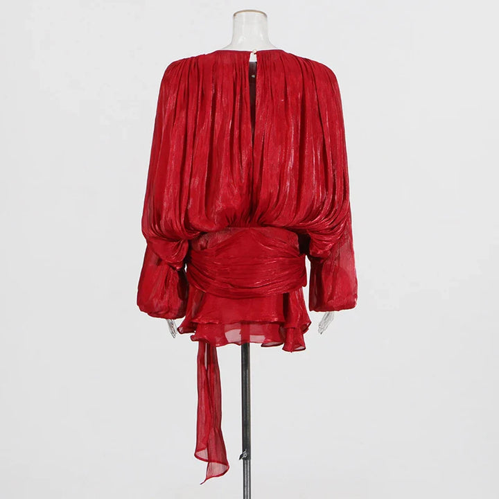 Ruched Mini Dress with Ruffle Detail, Shiny Chiffon Fabric - Lucille