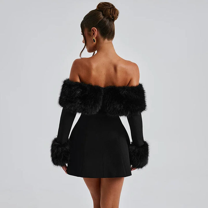 Off-shoulder A-line mini dress with feather fur detail - Ira