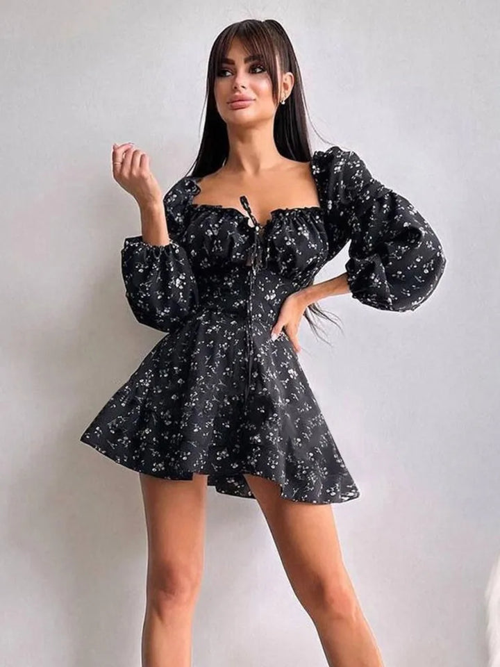 Floral ruffled mini dress with puff sleeves in a rustic style - Heidi