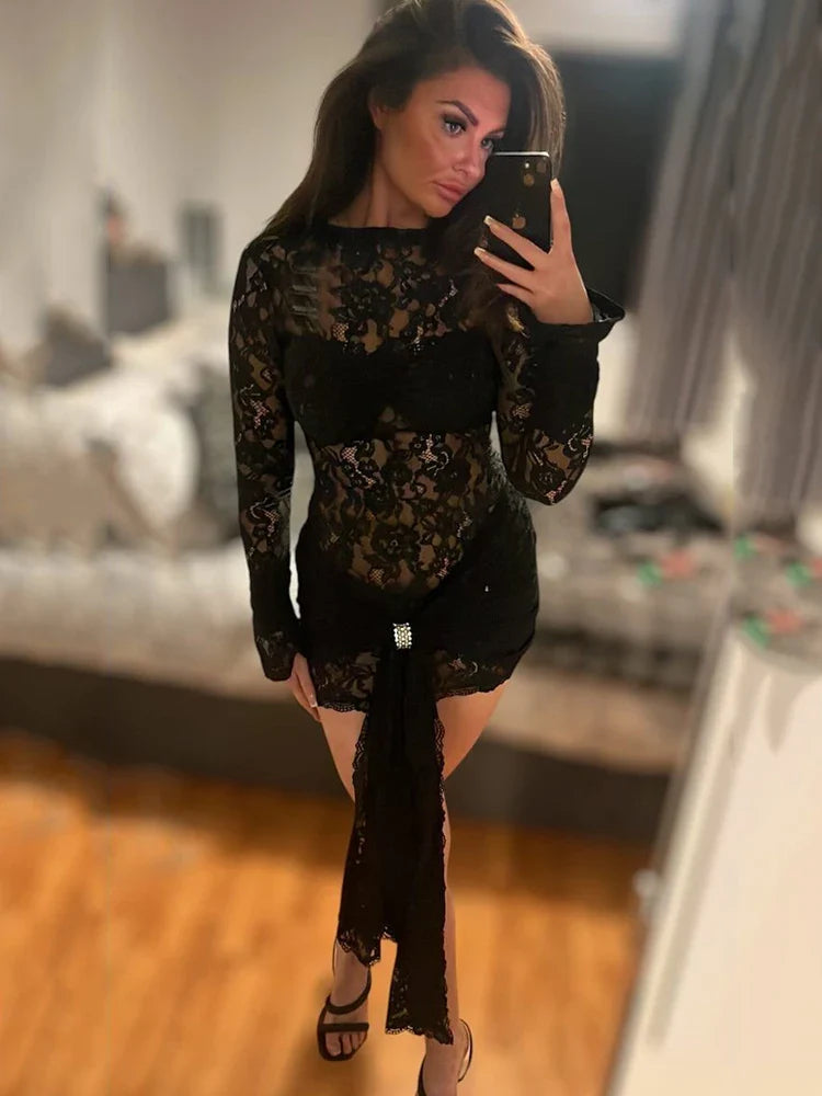 Lace Mini Dress with Train Decoration - Kadi