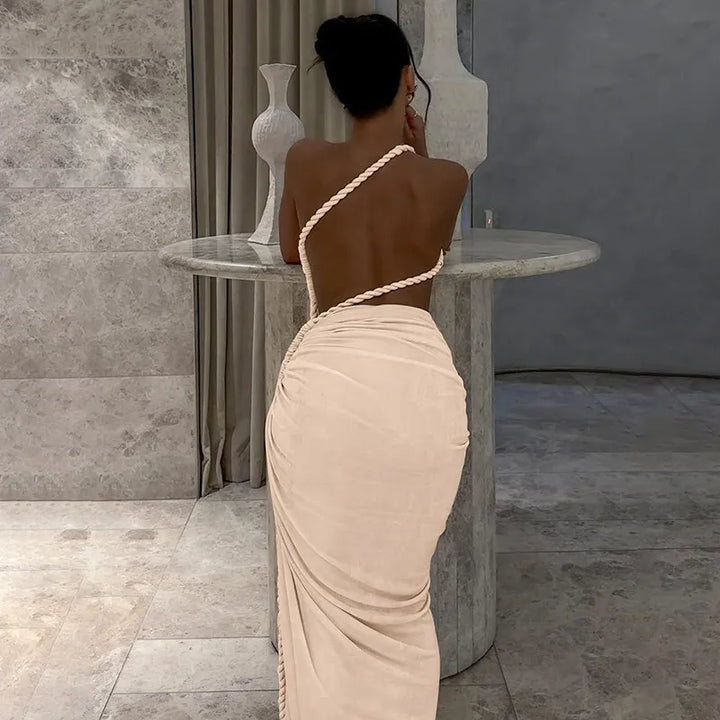 Maxi One-Shoulder Dress with Cutout and Slit, Braided Detail - Panama
