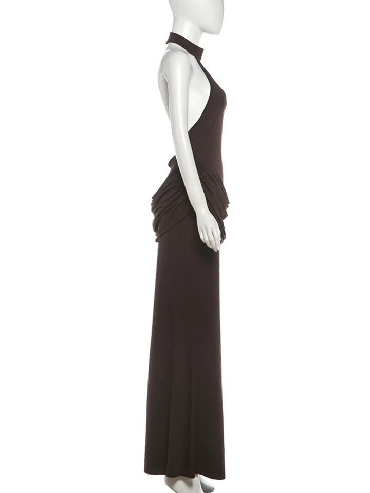 Maxi Dress with Collar, Open Back, Pleats, and Slit - Bianca