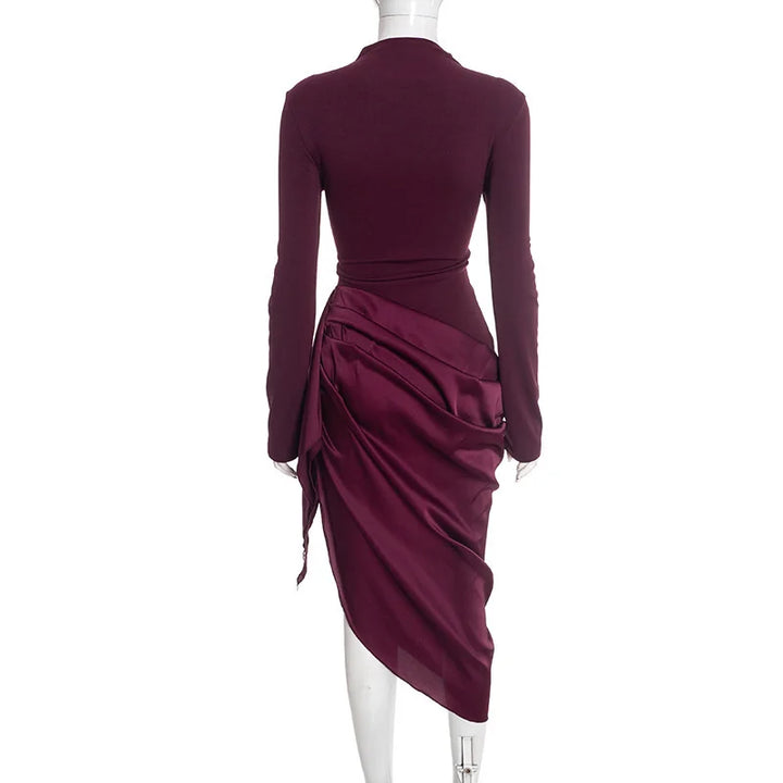 Midi Dress with Satin Design and Asymmetric Length - NIRA
