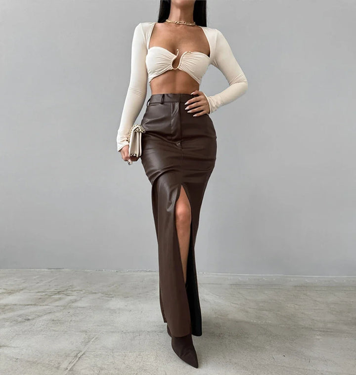 Maxi faux leather skirt with slit design - MAGEN