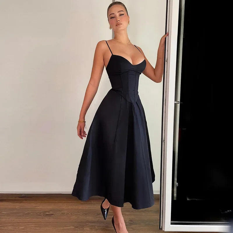 Elegant A-Line Midi Dress with Spaghetti Straps - Lunar