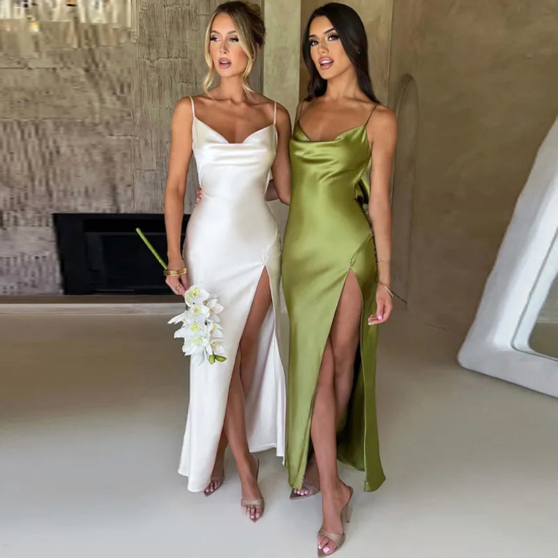 Satin Maxi Dress with Deep Slit - Luna