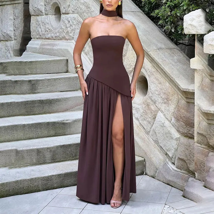Maxi Strapless Dress with Back Tie, Chiffon Skirt, Slit, and Matching Scarf - Zora