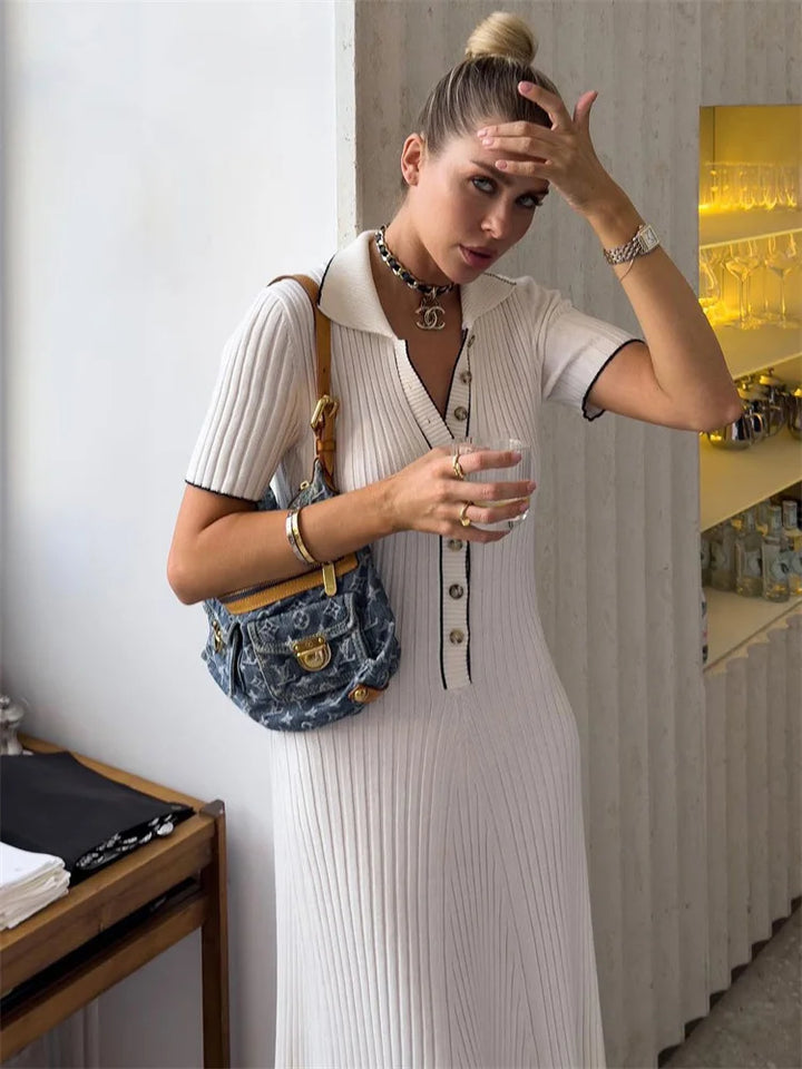 Knitted Maxi Dress with Elegant Design and Button Decoration - Ivanna