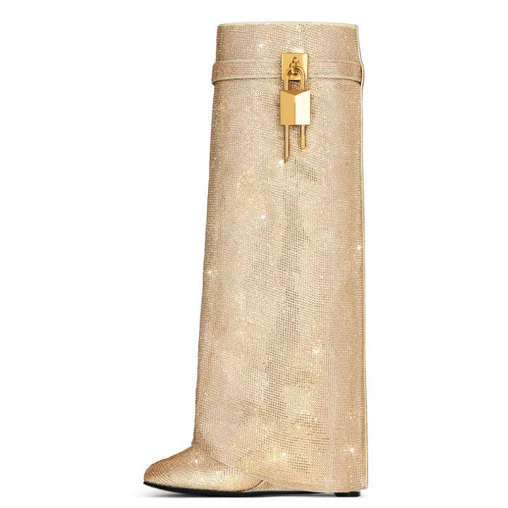 High Heel Boots with Glitter Studs and Lock Detail - Bailey