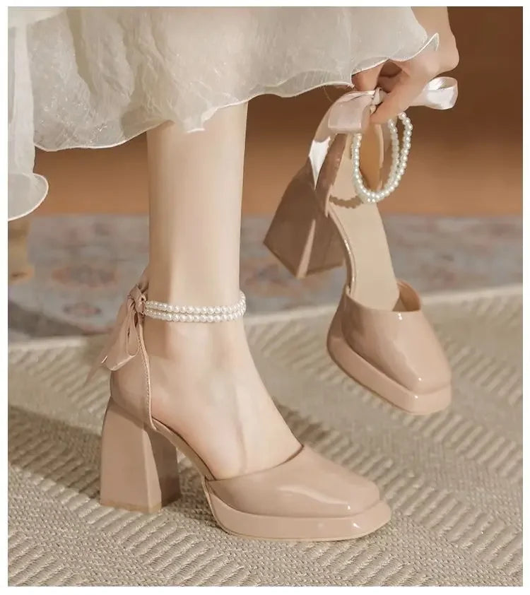Shiny Faux Leather High Heels with Pearl and Bow Decoration - Vivian