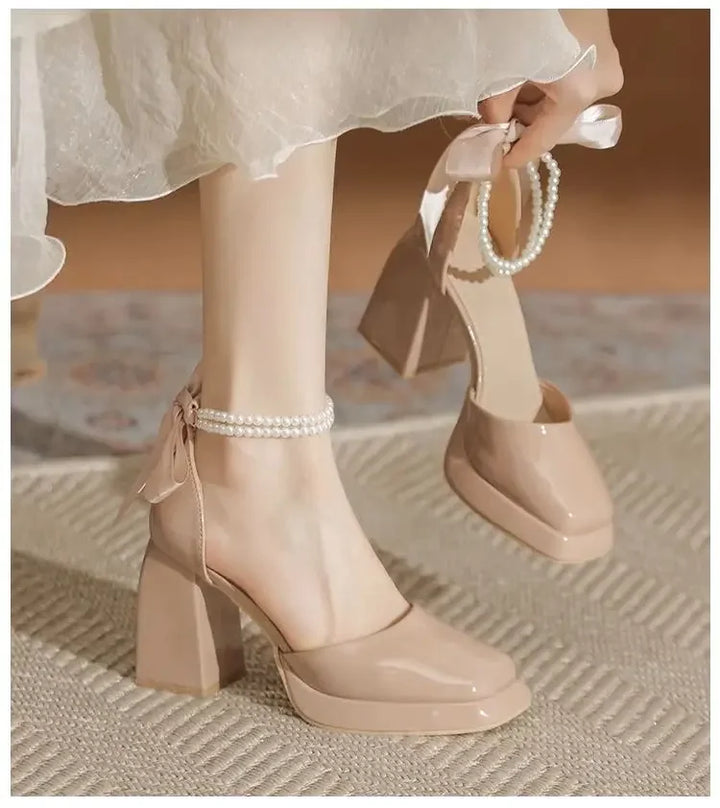 Shiny Faux Leather High Heels with Pearl and Bow Decoration - Vivian