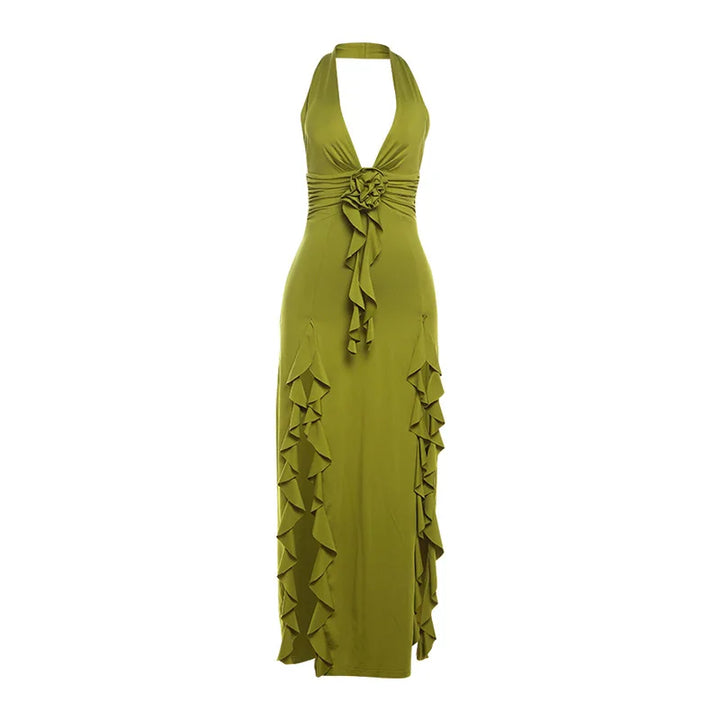 Maxi Dress with Ruffle and Flower Decoration and Open Back - Maxine