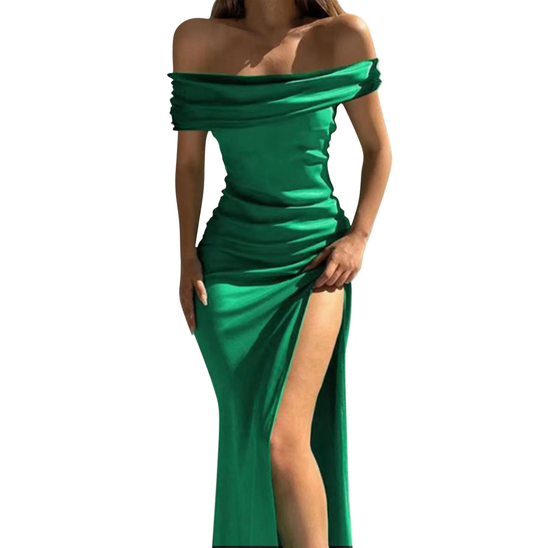 Maxi Satin Dress with Off-Shoulder Design and Slit - Harmoni