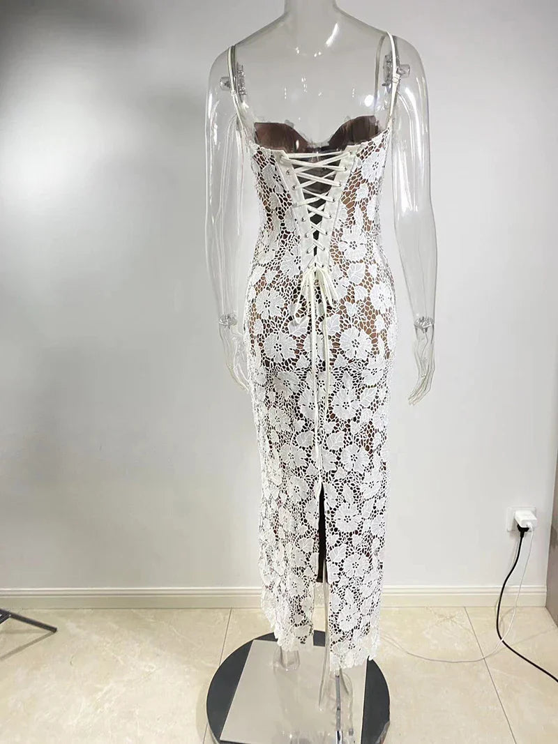 Lace Maxi Dress with Floral Embroidery and Back Ties - Veronica