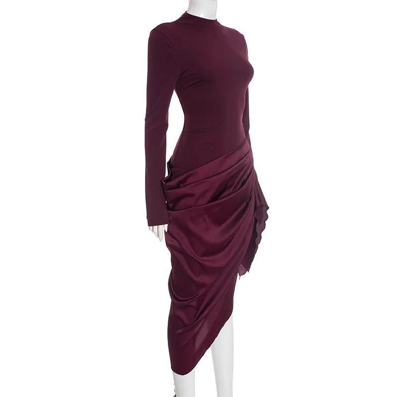 Midi Dress with Satin Design and Asymmetric Length - NIRA