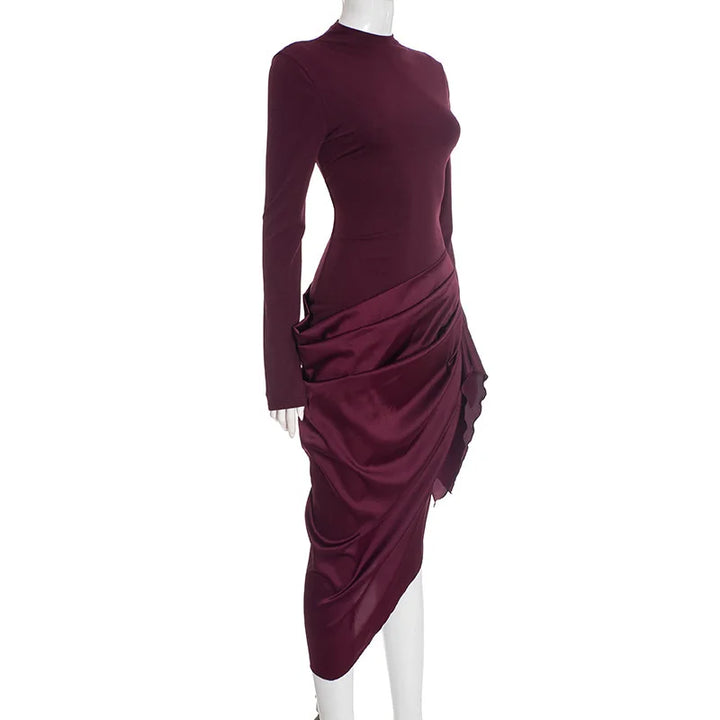Midi Dress with Satin Design and Asymmetric Length - NIRA