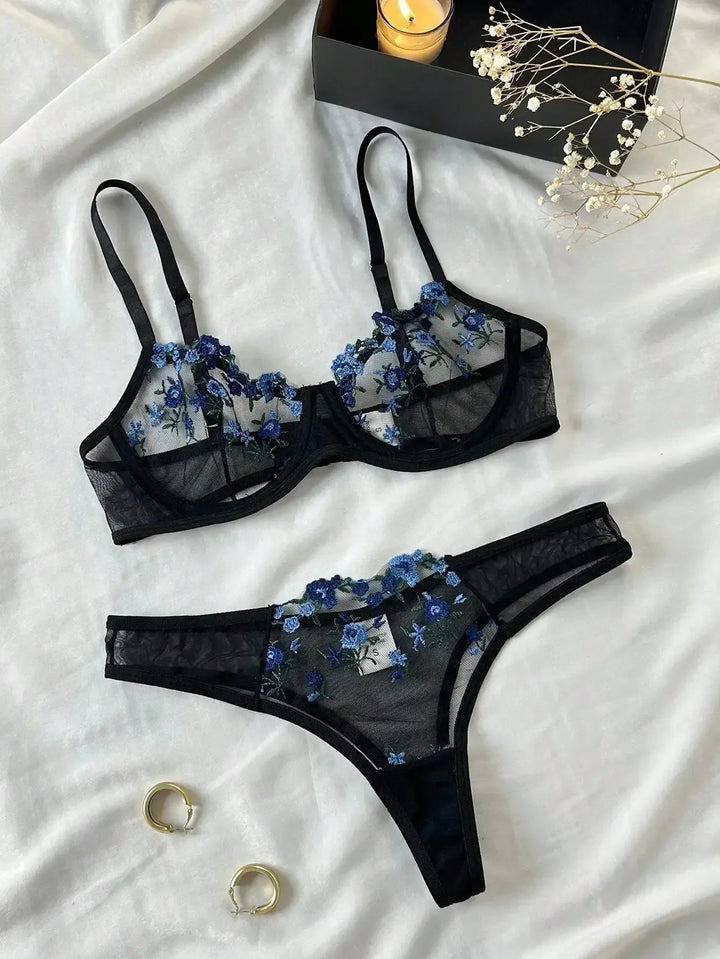 Sheer Floral Design Lingerie Set - Amy