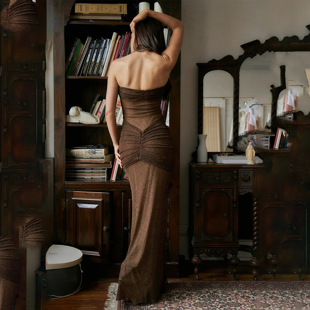 Strapless Maxi Dress with Glitter Mesh and Ruching Detail - Haisley