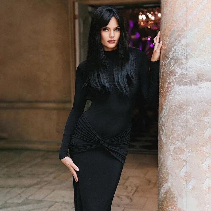 Turtleneck open-back maxi dress with ruching decoration - Ilayil
