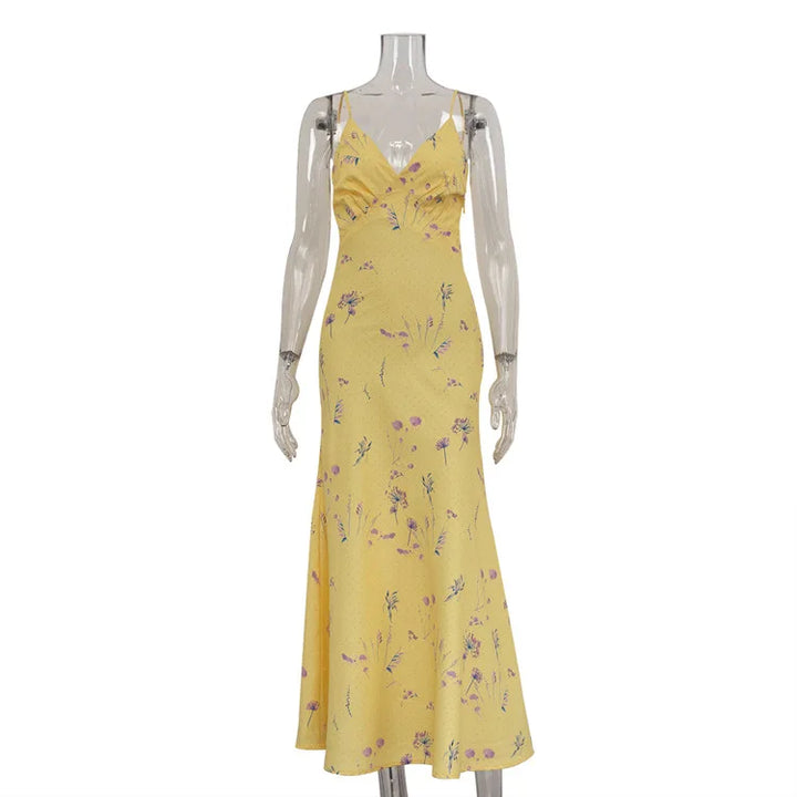 Maxi Satin Dress with Floral Print Detail - Baylee