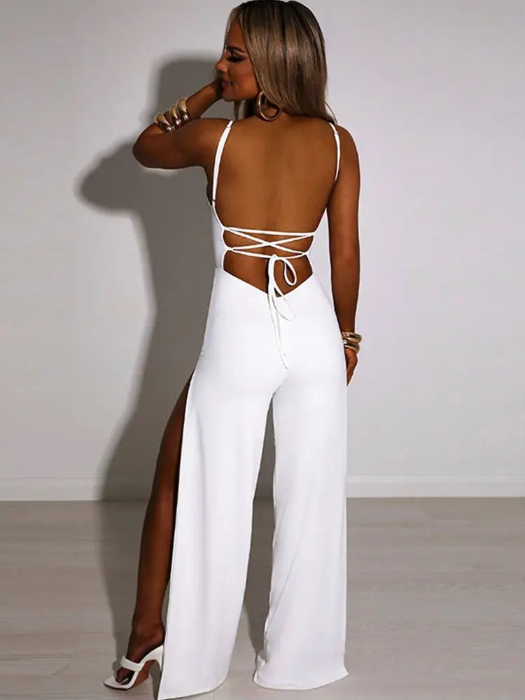 Summer Jumpsuit with Open Back, Back Ties, and Slits on Pants - Tehila