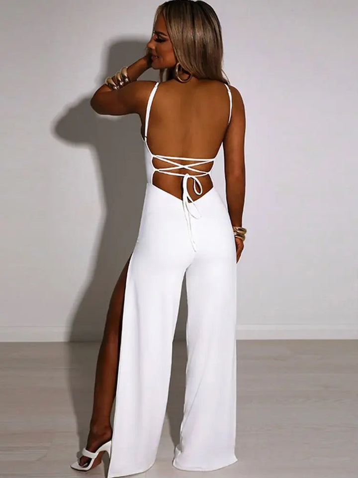 Summer Jumpsuit with Open Back, Back Ties, and Slits on Pants - Tehila