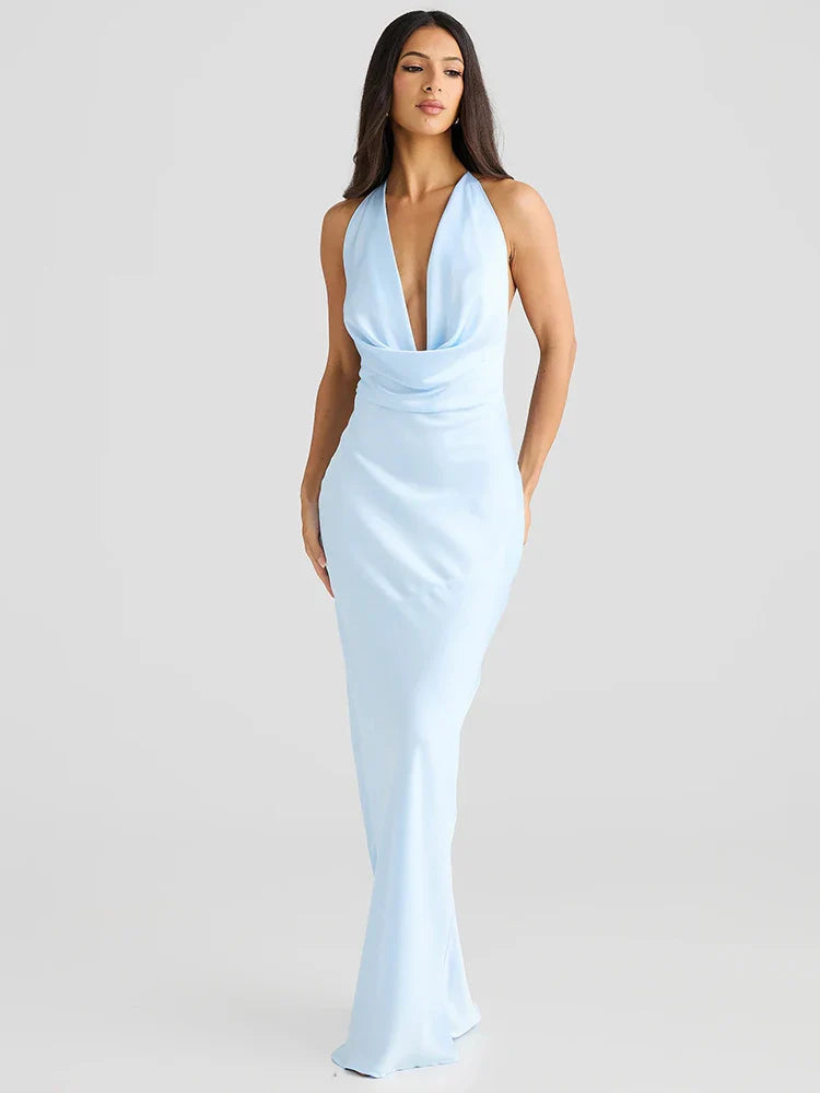 Satin Maxi Dress with Open Back and Draped Collar - Paula
