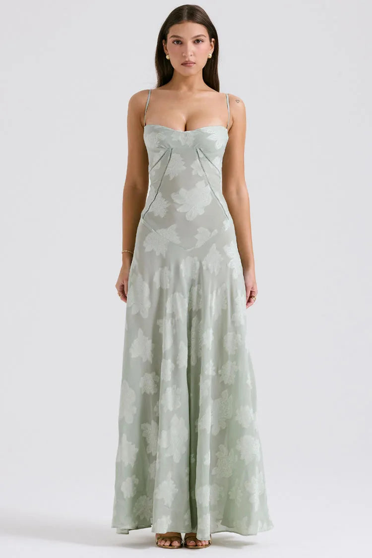 Maxi Dress with Floral Embroidery, Back Tie for Waist Fit - Millie